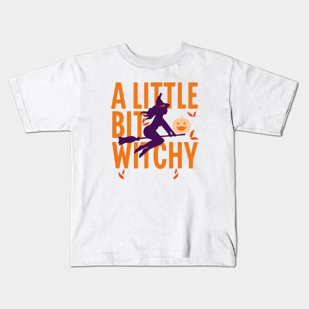 A little bit witchy; Halloween; witch; broom; pumpkin; witchcraft; magic; magical; Autumn; orange; purple; black; trick or treat; party; witch's hat; Kids T-Shirt by Be my good time